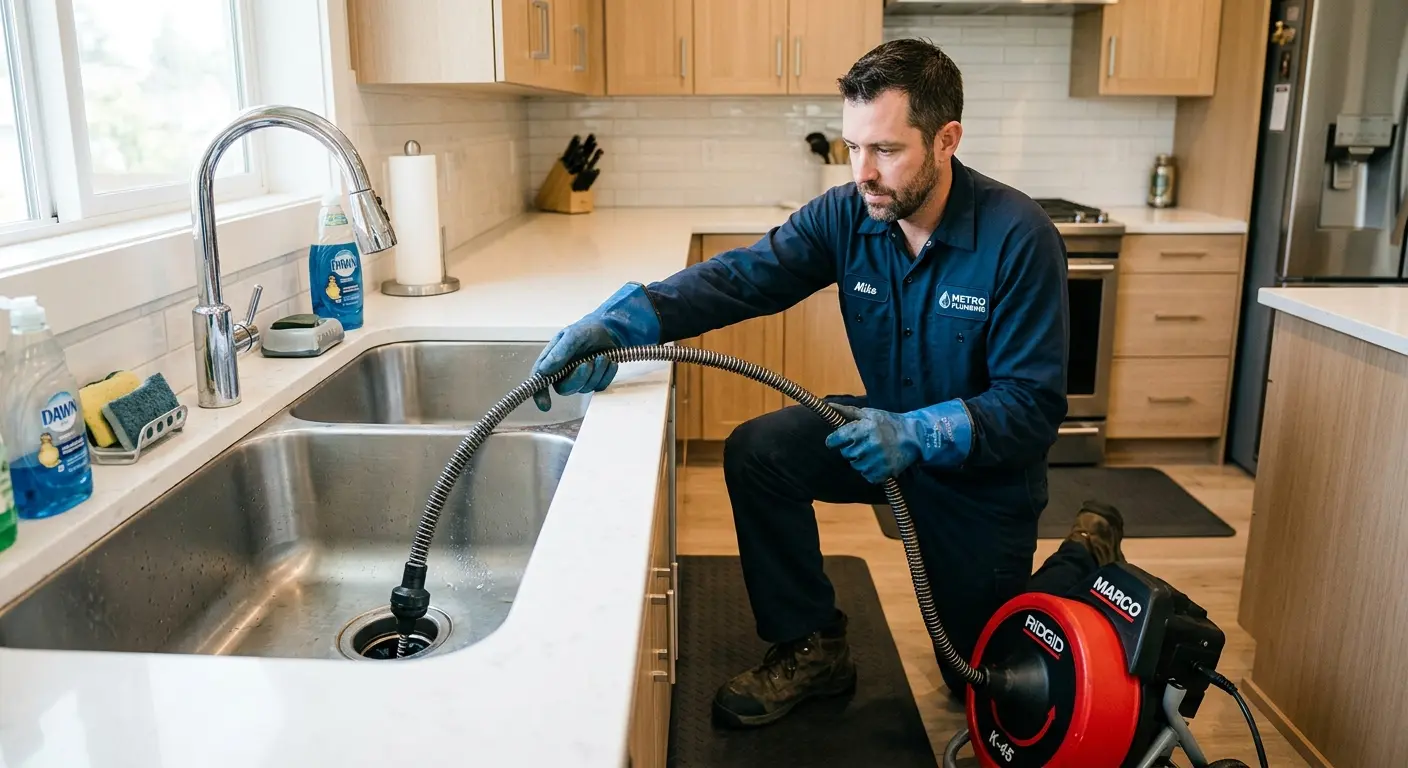 Drain cleaning technician using a motorized snake on a kitchen sink in Moores Mill