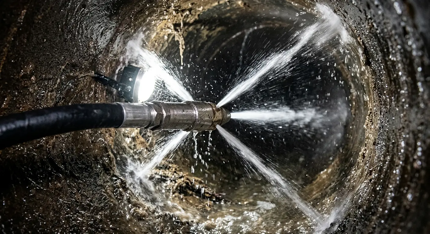 High-pressure hydro jetting nozzle cleaning sewer pipe for Emergency Drain Service in Moores Mill