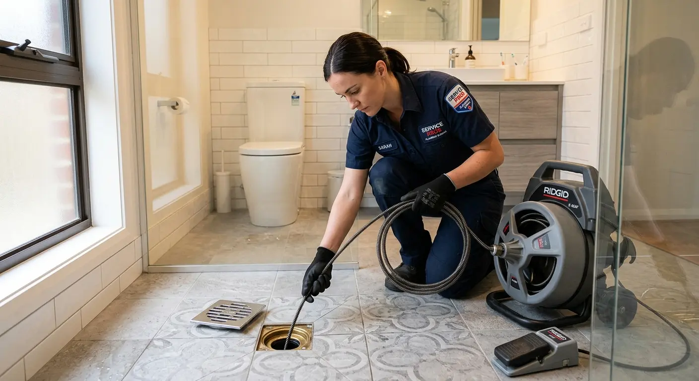 Technician clearing a bathroom floor drain for Drain Repair in Moores Mill